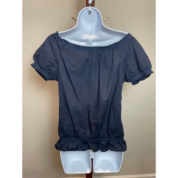 Abercrombie & Fitch Navy Off Shoulder Top Puff Sleeves Floral Embroidery S - Image 4