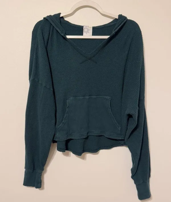 Aerie Waffle Way Back Hoodie Oversized Size Small Green Knit Lightweight Offline - Image 3