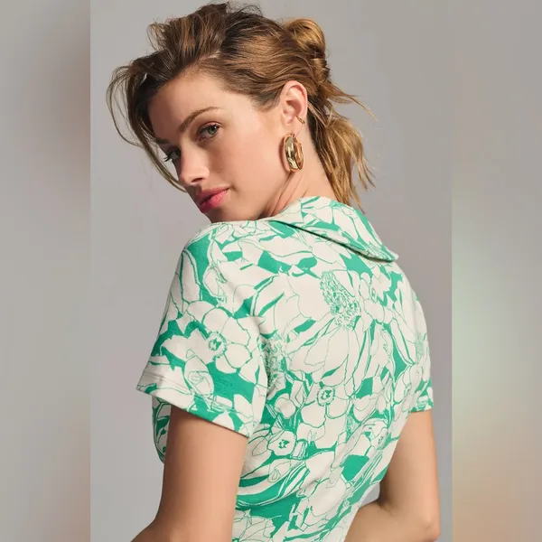 Maeve Anthropologie Green‎ Floral Ruched Button Front Top Size Small Collared - Image 2