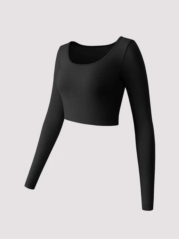 OQQ Black Scoop Neck Long Sleeve Crop Top Stretch Fitted Small NWOT - Image 4