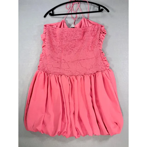 Lucy Paris Pink Ruched Bubble Hem Mini Dress Halter Detachable Flower XL - Image 2