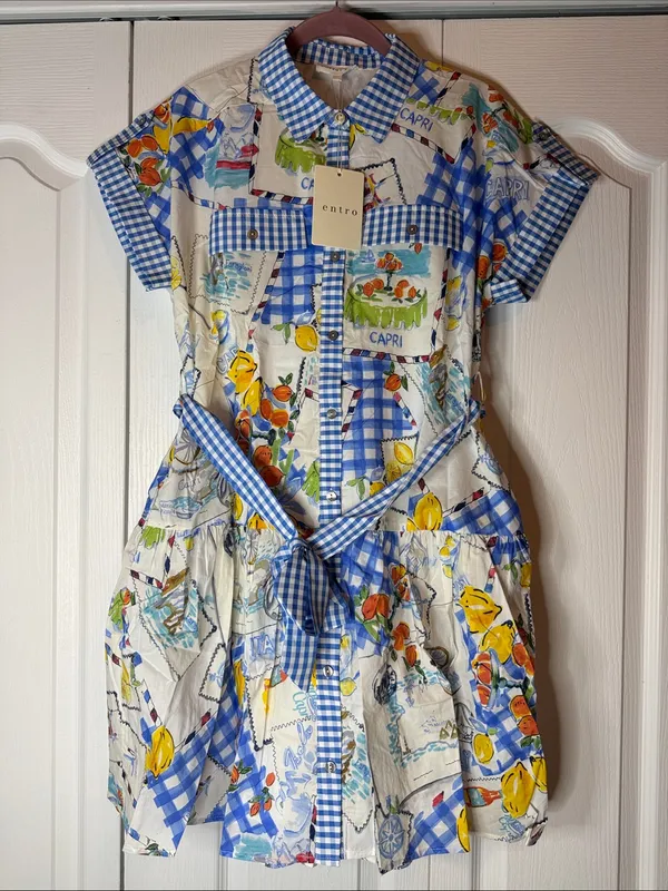 entro Blue & Yellow Capri Print Gingham Shirt Boutique Dress - Image 3