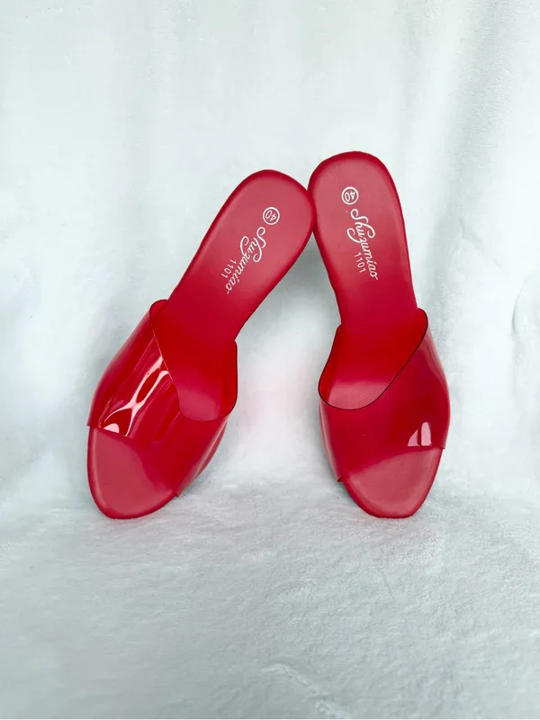 Red Clear Wedge Slide Sandals with Rose - Image 3
