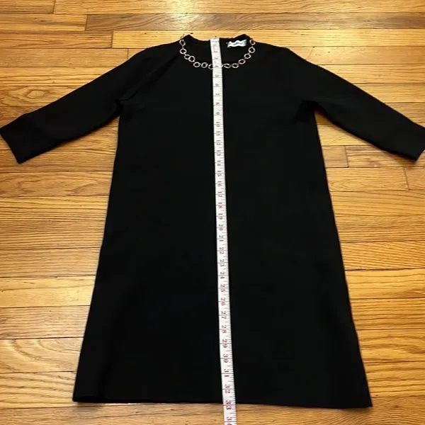 Zara Knit Dress Womens Black‎ Gold Chain Neck Shift Mini S - Image 6