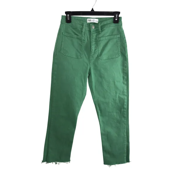 Zara Womens Green Straight Leg Cropped Pants Size 4 Raw Hem Patch Pocket Utility - Image 2
