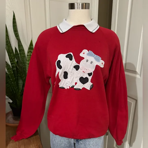 Vintage Kawaii Cow Graphic‎ Fleece Sweatshirt Collared L Cottagecore - Image 10