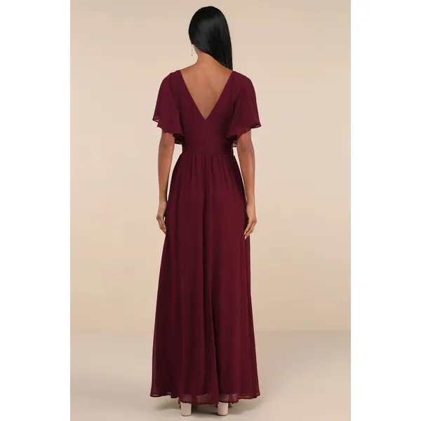 NWT Lulus Convincing Grace Burgundy Flutter Sleeve Wrap Maxi Dress Wedding Sz M - Image 3