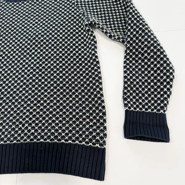 LL Bean Navy Blue White Crew Neck Pullover Cotton Button‎ Detail Sweater MEDIUM - Image 4