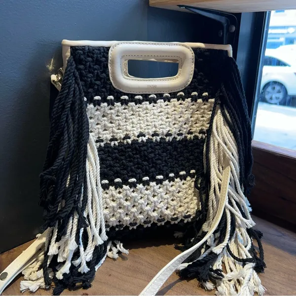 Maje M Bag in Leather and Bicolor Knit Black White Stripe Satchel NWT - Image 7