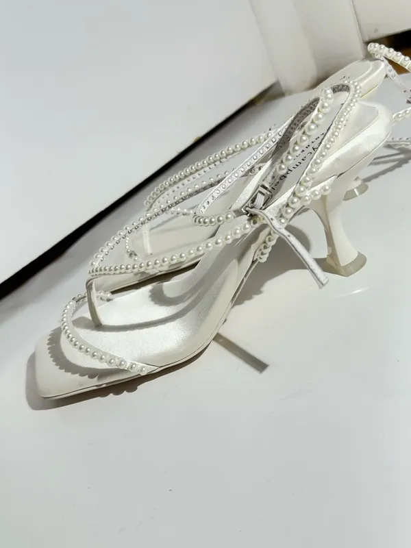 NWOT Free People Jeffrey Campbell White Pearl-Strap Kitten Heel Sandals - Image 9