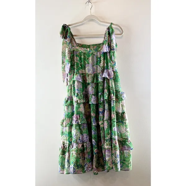 Olivaceous Floral Print Sleeveless Tie Shoulder Tiered Midi Dress Green Small - Image 4