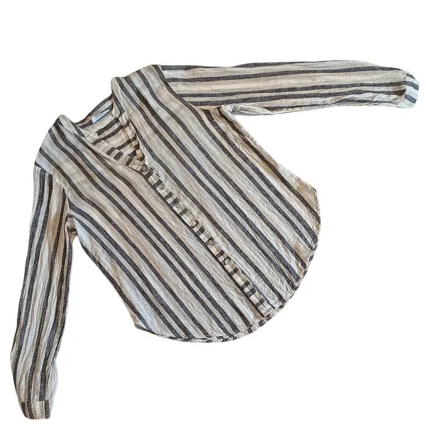 Milano Womens Linen Blend Striped Button Down Shirt Neutral Long Sleeve Size M - Image 2