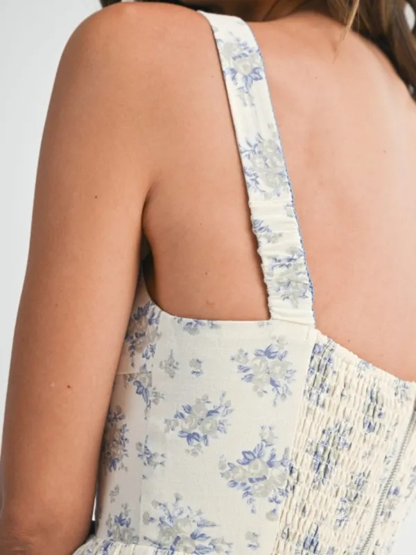 Floral Print Square Neck Contrast Pipinig Dress - Image 7