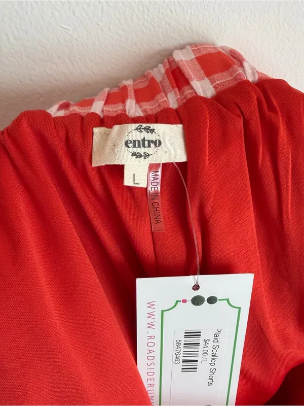 NWT Entro Red Gingham Plaid Scallop Hem Shorts High Rise Pleated Large L - Image 5