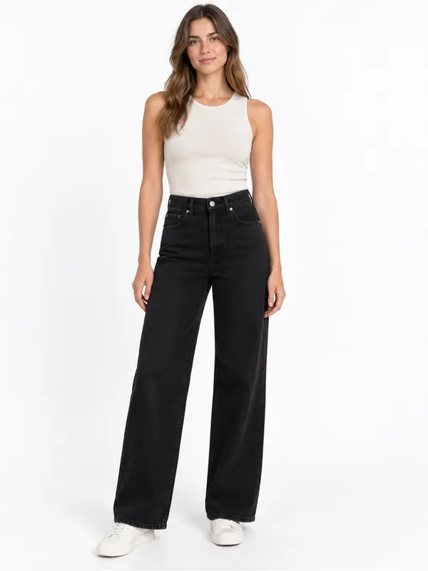 Zara Women Black High Rise Wide Leg Jeans Size 4 Cotton Lyocell Denim - Image 2
