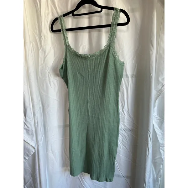 Curvy Sense Green Ribbed‎ Dress 2X Cottagecore Soft Girl Lace Trim Bodycon Mini - Image 2