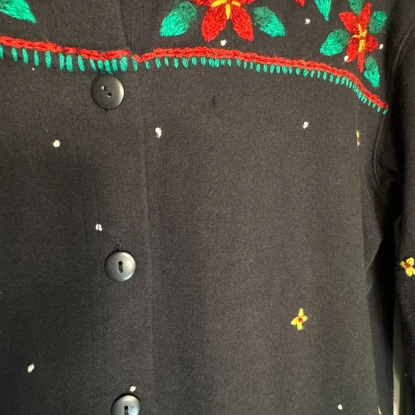 Bechamel Black Knit Button Christmas Cardigan Womens Small Poinsettia VTG FLAW‎ - Image 16
