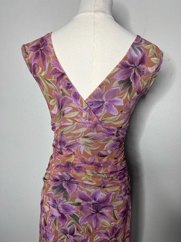 90s Vintage Purple Floral Mesh V Neck Ruched Drop Waist Dress Preppy Party - Image 4