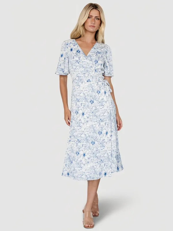 NWT Baltic Born Amelie Midi Wrap Dress Floral Blue and White Print Flowy - Image 2