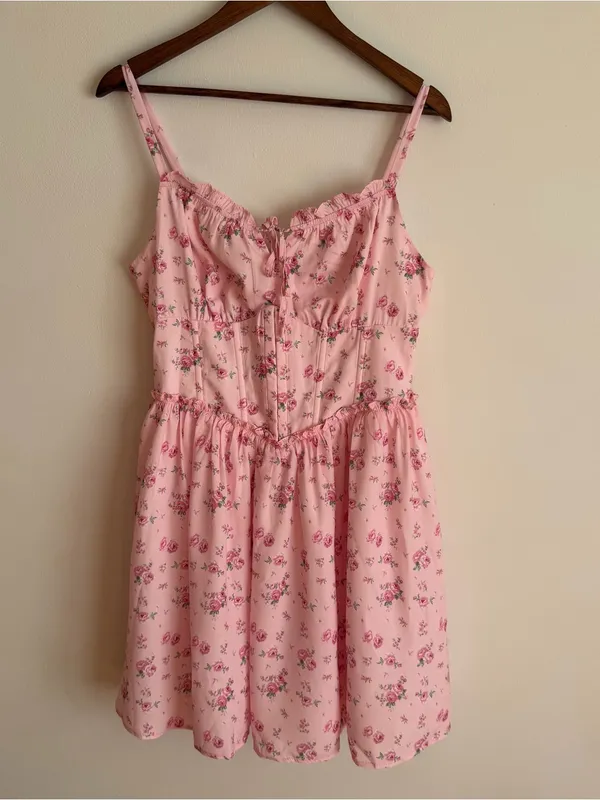 NWT Scarlet Darkness Floral Corset Sundress Pink Milkmaid Mini Dress Large - Image 11