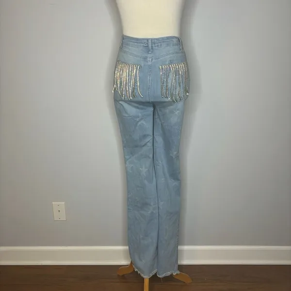 Nasty Gal- Blue Flare Jeans with Stars + Rhinestone Fringe on Back Pockets - Image 3