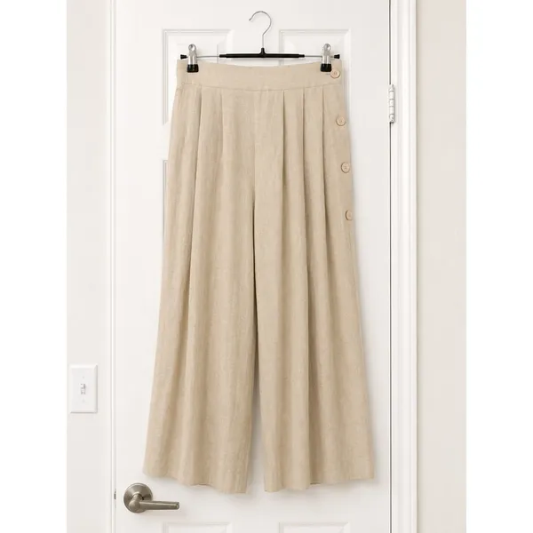 Condor Linen Blend Wide Leg Cropped Pants Beige Button Detail High Rise Size 5/6 - Image 3