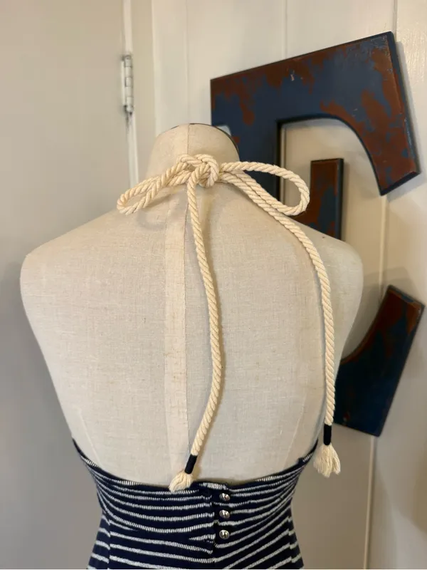 Zara Navy and White Striped dress with robe cord ties button back Sz S - Image 3