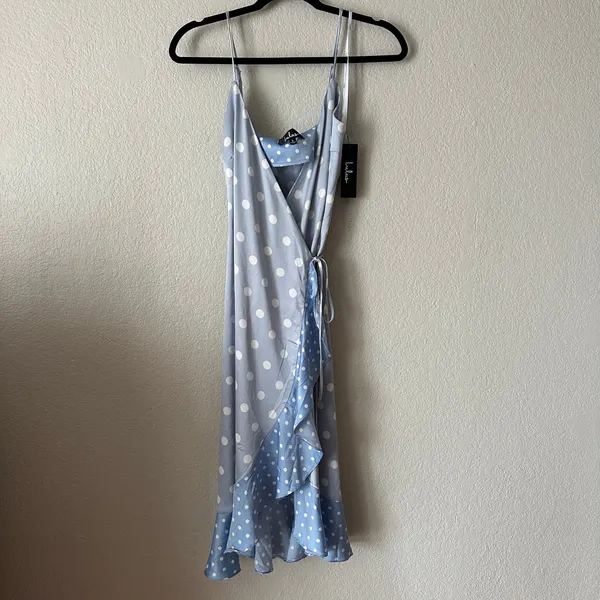 Lulus Love Dottie Polka Dot Satin Wrap Dress Blue Size Small NWT - Image 3