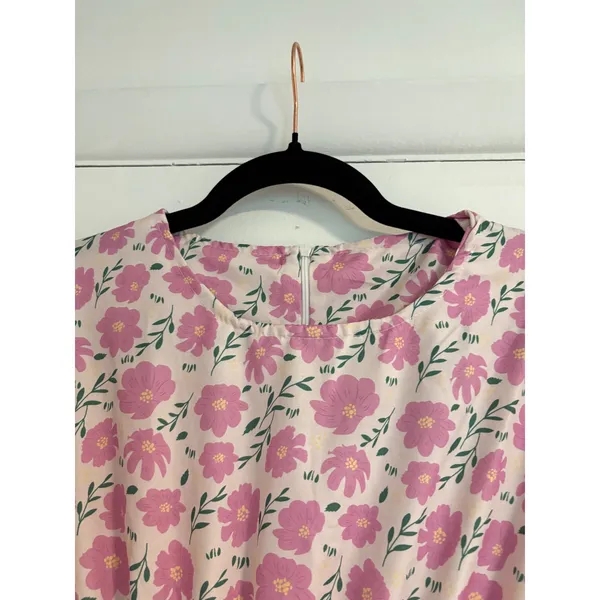 Japanese Floral Tiered Midi Dress Pink Purple Puff Sleeve Elastic Waist Medium - Image 4