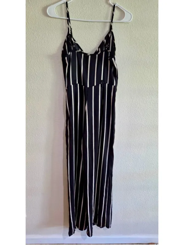 Forever 21 Striped Spaghetti Strap Wide Leg Jumpsuit Black White Small W-261 - Image 2