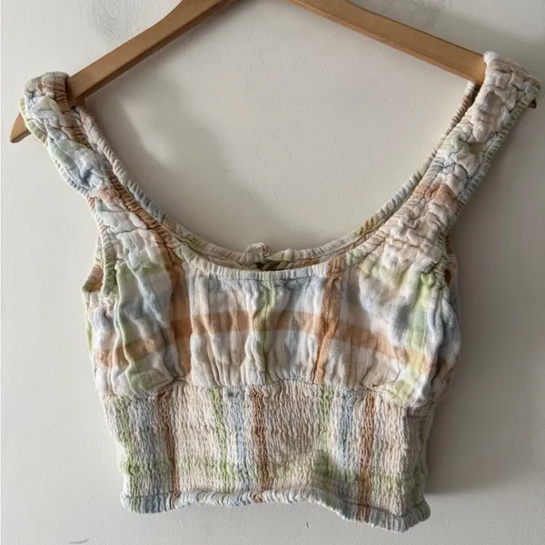 American Eagle Plaid Pastel Earth Tones‎ Smocked Bubble Crop Top - Image 4