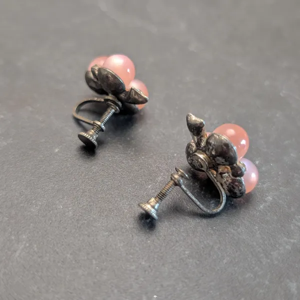 Vintage Screw On Earrings Pink Trio with Clear Gem Accents - Tarnished - Image 4