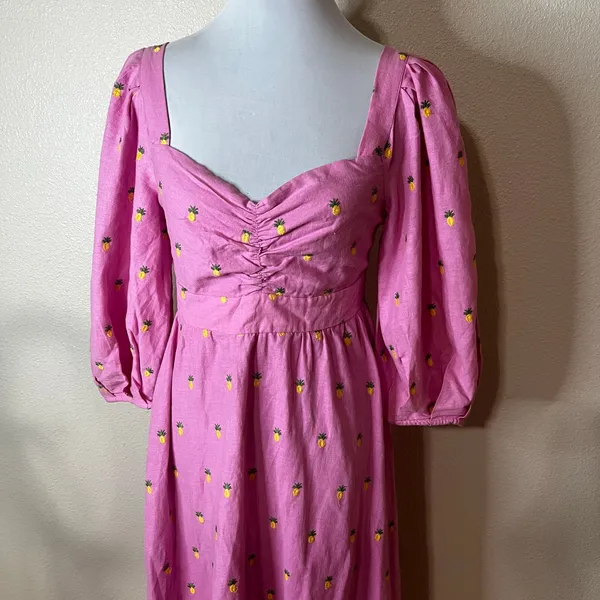 Farm Rio Pink Linen Embroidered Pineapples Tiered Midi Dress SMALL - Image 4