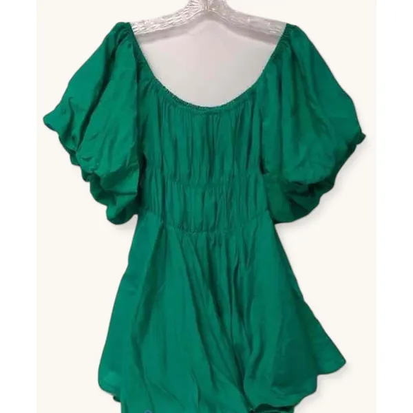 NWT Altar'd State Emerald Green Mini Dress Womens L Puff Sleeve Smocked - Image 3