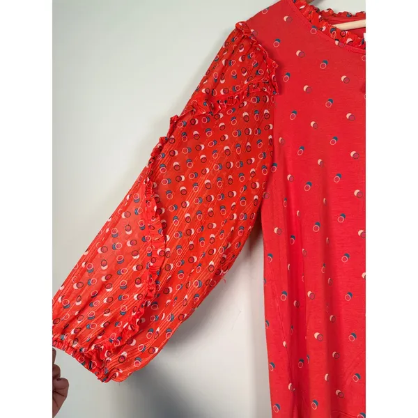 Maeve Anthropologie Red Geometric Dot Mixed Media Ruffle Tie Neck Blouse Medium - Image 10
