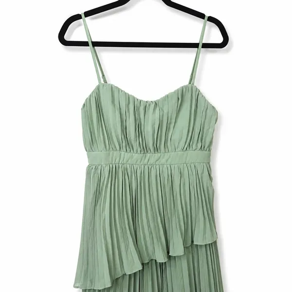 NEW Lulus Jehona Sage Green Brush Pleated Tiered Maxi Dress Chiffon Gown Large - Image 6