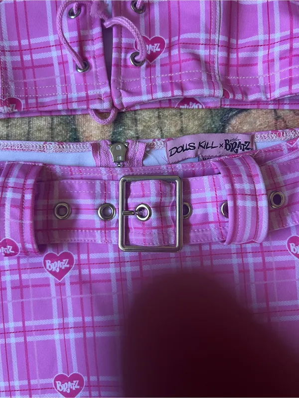 Dolls Kill bratz set Pink Plaid Lace-Up Crop Top & Belted Mini Skirt Set - Image 4
