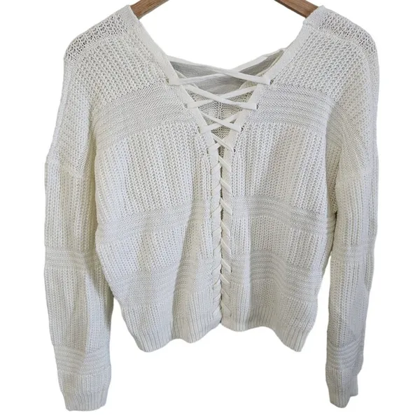 Full Circle Trends Sweater Sz Med Lace‎ Up Back Cable Knit Y2K Light Academia - Image 2