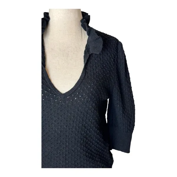 Ganni Sweater Women Small Black Linen Cotton Blend Textured Knit Ruffle Collar‎ - Image 5