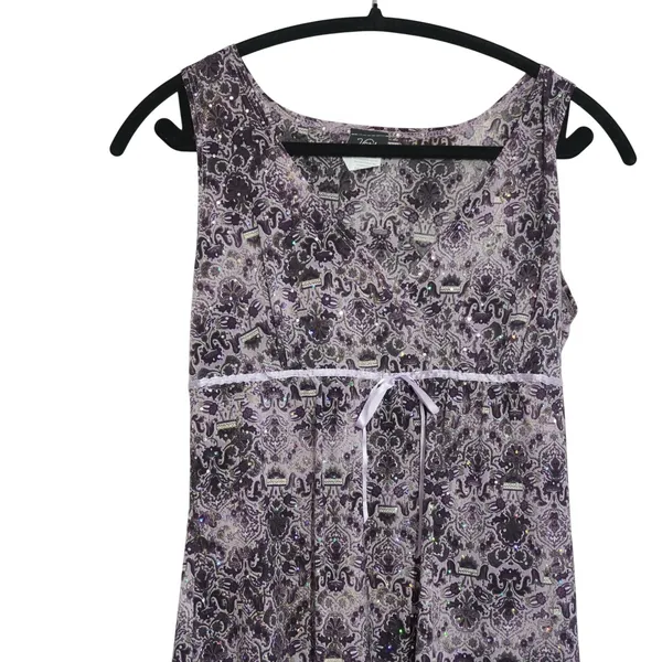 Vanity 90s‎ Y2K Club Purple Damask Sequin Babydoll Top Sleeveless Empire Waist - Image 2