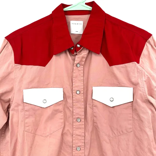 Sandro Size Small Long Sleeve Button Up Blouse Top Shirt Pink Red White Western‎ - Image 3