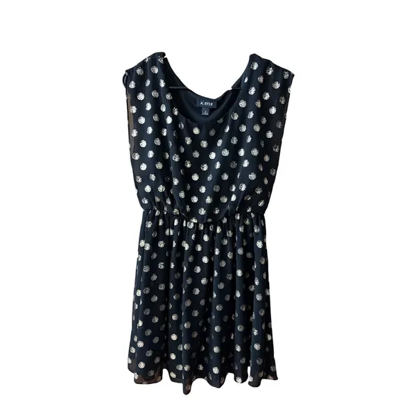 A.Byer Black with Metallic Polka Dot Cinch Waist Dress size Small - Image 3