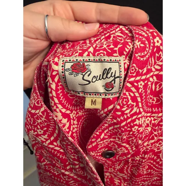 Scully Western Tomato Red & Cream Paisley Floral Button Down Blouse Top Collar - Image 7