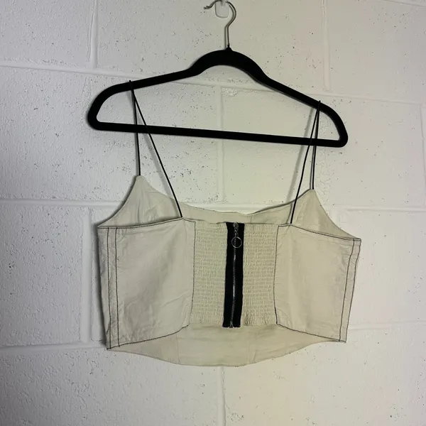 Urban‎ Outfitters Womens Cream Canvas Corset Top Black Contrast Stitch Large Zip - Image 3