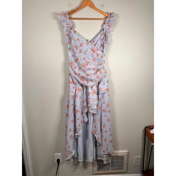 Abercrombie & Fitch Floral High-Low Maxi Dress Womens Medium Blue Ruffle Smocked - Image 2
