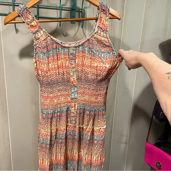 Source Unknown Cute stretchy tiered shell button front maxi dress aztec boho breezy smocked - Image 13