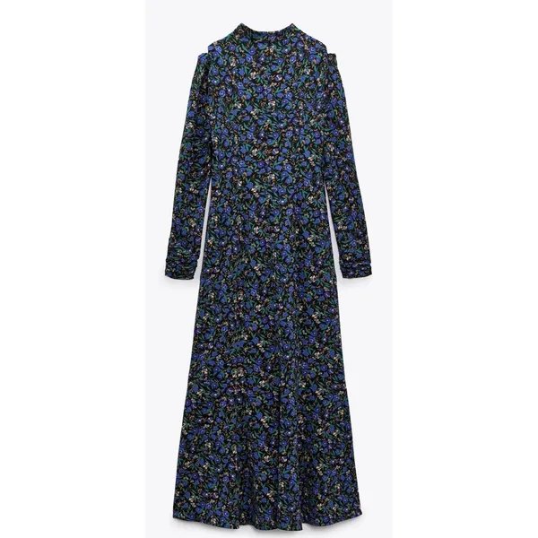 Zara Womens Blue Floral Cold Shoulder Mock Neck‎ Long Sleeve Midi Dress Large - Image 8