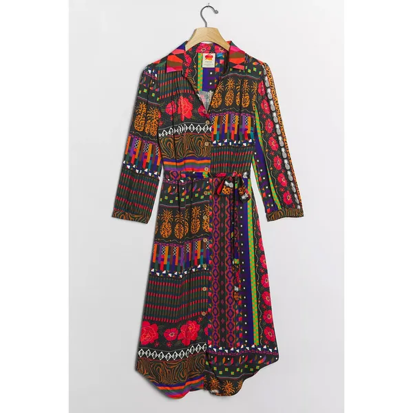 Farm Rio Anthropologie Midi Shirtdress Black Floral Patchwork - Image 3