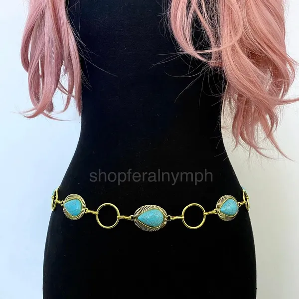Gold Y2K Turquoise Western Boho Chain Belt, Fits 25.5-44.5 Inches, X7GA1271 - Image 5
