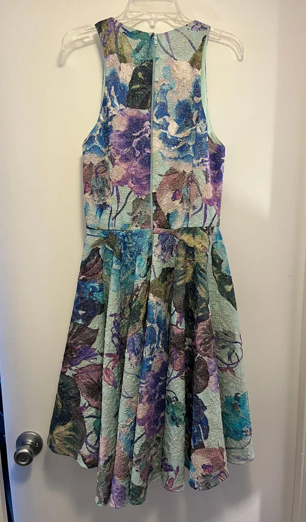 ASOS Teal Floral Gold Jacquard Dress - Size 6 - Image 4